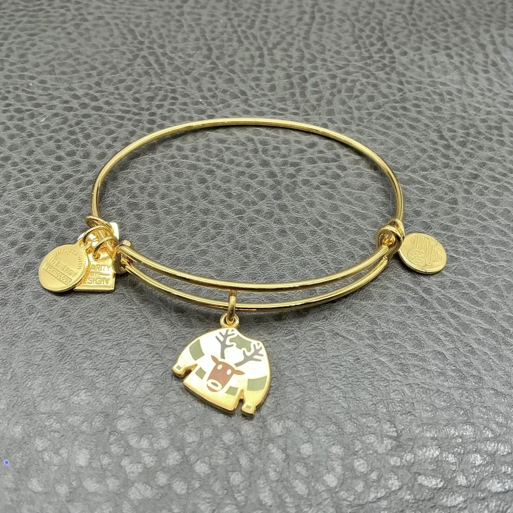 Alex And Ani Gold Tone Reindeer‎ Sweater Charm Bracelet Womens 7 In Christmas